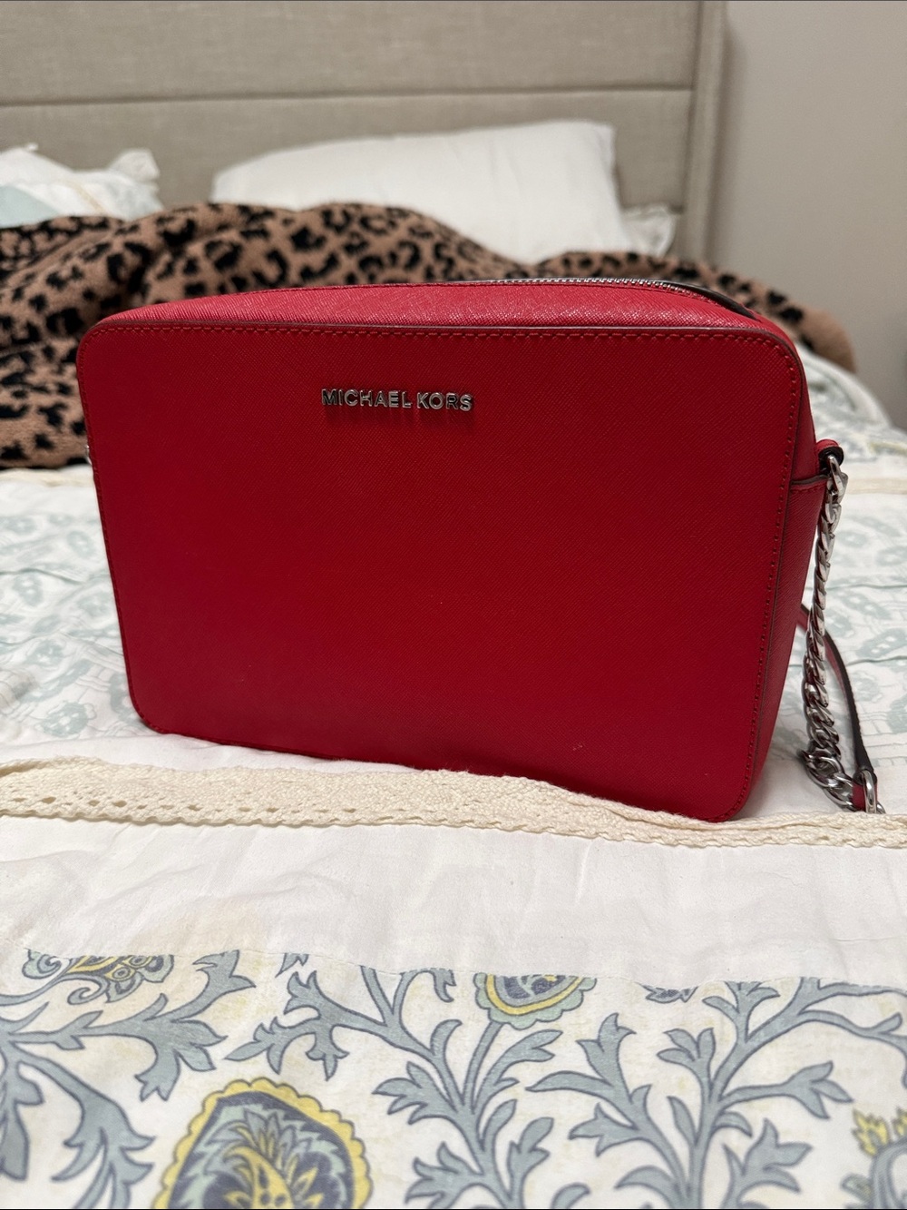 Michael Kors Red Saffiano Crossbody with Chain Strap